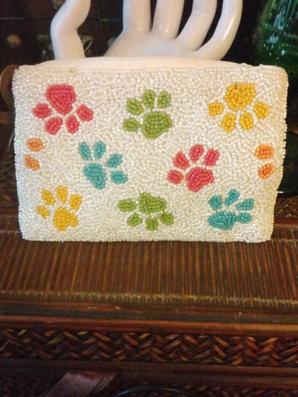 Beaded Paw Print Wristlet - White with Multi Colored Paw Accents